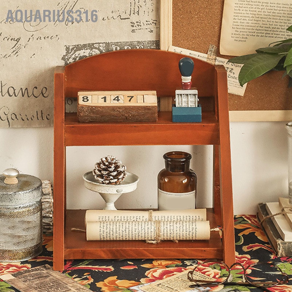 aquarius316-desktop-organizer-retro-aesthetic-office-storage-rack-home-decor-ไม้ชั้นวาง-2-ชั้นสำหรับหนังสือพืชเครื่องสำอาง