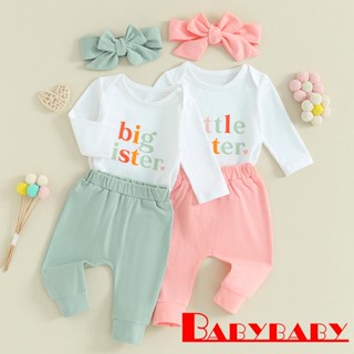 Babybaby- ชุดรอมเปอร์ แขนยาว พิมพ์ลายตัวอักษร + กางเกงขายาว สีพื้น + ที่คาดผมโบว์