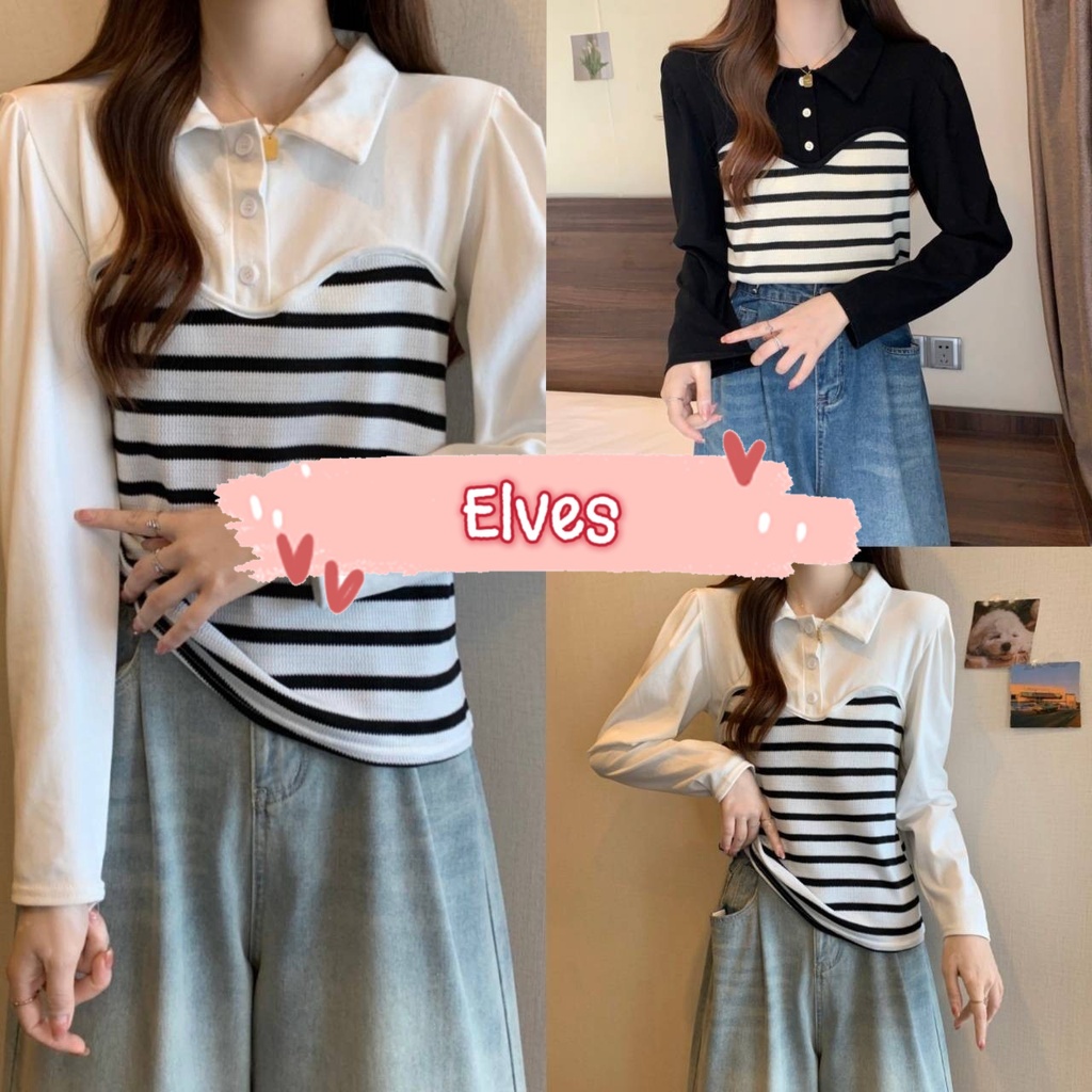 elves-พร้อมส่ง-เสื้อแขนยาวผ้าชีฟอง-ครึ่งล่างไหมพรมลายทาง-b267-c