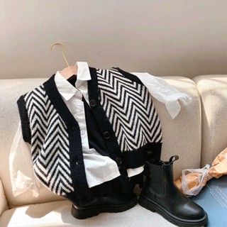 พร้อมส่ง ขายดี เสื้อกันหนาวแขนกุด ผ้าขนสัตว์ ลายคลื่น สไตล์เกาหลี ญี่ปุ่น ฤดูใบไม้ร่วง สําหรับเด็กผู้ชาย เด็กผู้หญิง