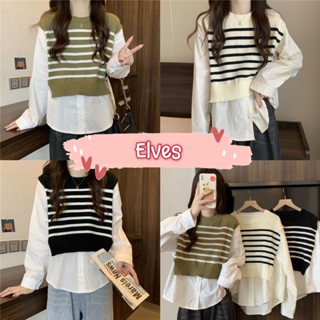 Elves✨พร้อมส่ง✨  เสื้อแขนยาวผ้าชีฟอง ไหมพรมคอกลมลายทาง ~M1352-1~ -C