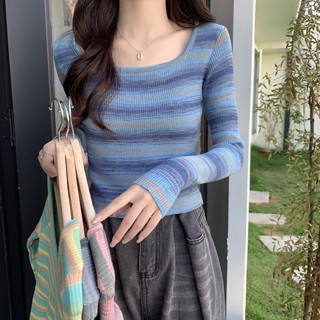 เสื้อแขนยาว ผ้าวูลถัก ลายทาง ไล่โทนสี 6 เส้น เข้ารูป แฟชั่นฤดูใบไม้ร่วง สําหรับสุภาพสตรี MC GFA2