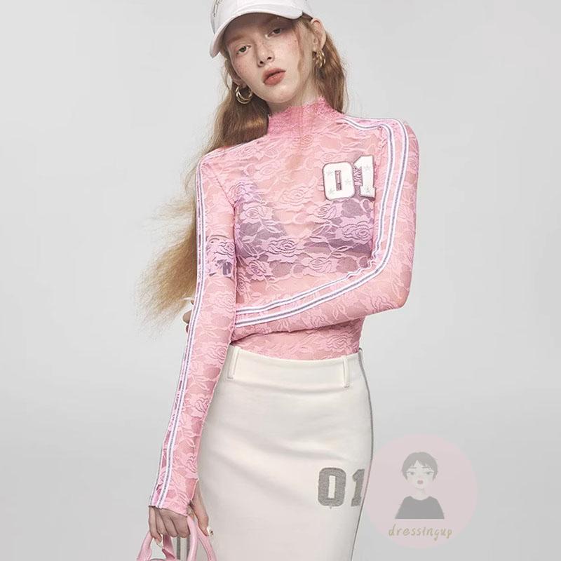 dre-เสื้อยืดแขนยาว-คอเต่า-ซีทรู-ลูกไม้-ดอกไม้-ตัวเลข-สลิมฟิต-สําหรับผู้หญิง