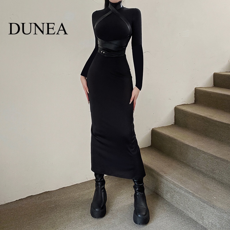 dunea-ชุดแม็กซี่เดรส-สีดํา-สไตล์สตรีท-สําหรับผู้หญิง