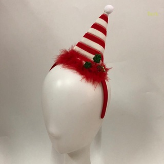 หมวกซานต้า ลายทางสีเข้ม ที่คาดผม ขนนก คริสต์มาส ที่คาดผม วันหยุด ปาร์ตี้ พร็อพ