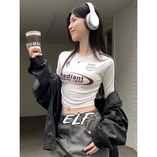 ใหม่ เสื้อยืด แขนยาว พิมพ์ลายโมโนแกรม เครื่องเทศอเมริกัน บล็อกสี สําหรับผู้หญิง
