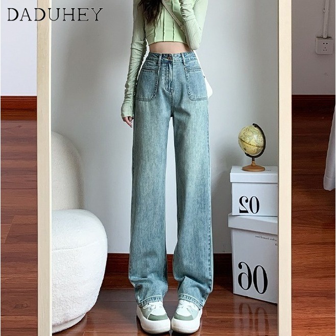 daduhey-womens-korean-style-new-jeans-retro-straight-loose-slimming-high-waist-fashion-casual-wide-leg-mopping-pants