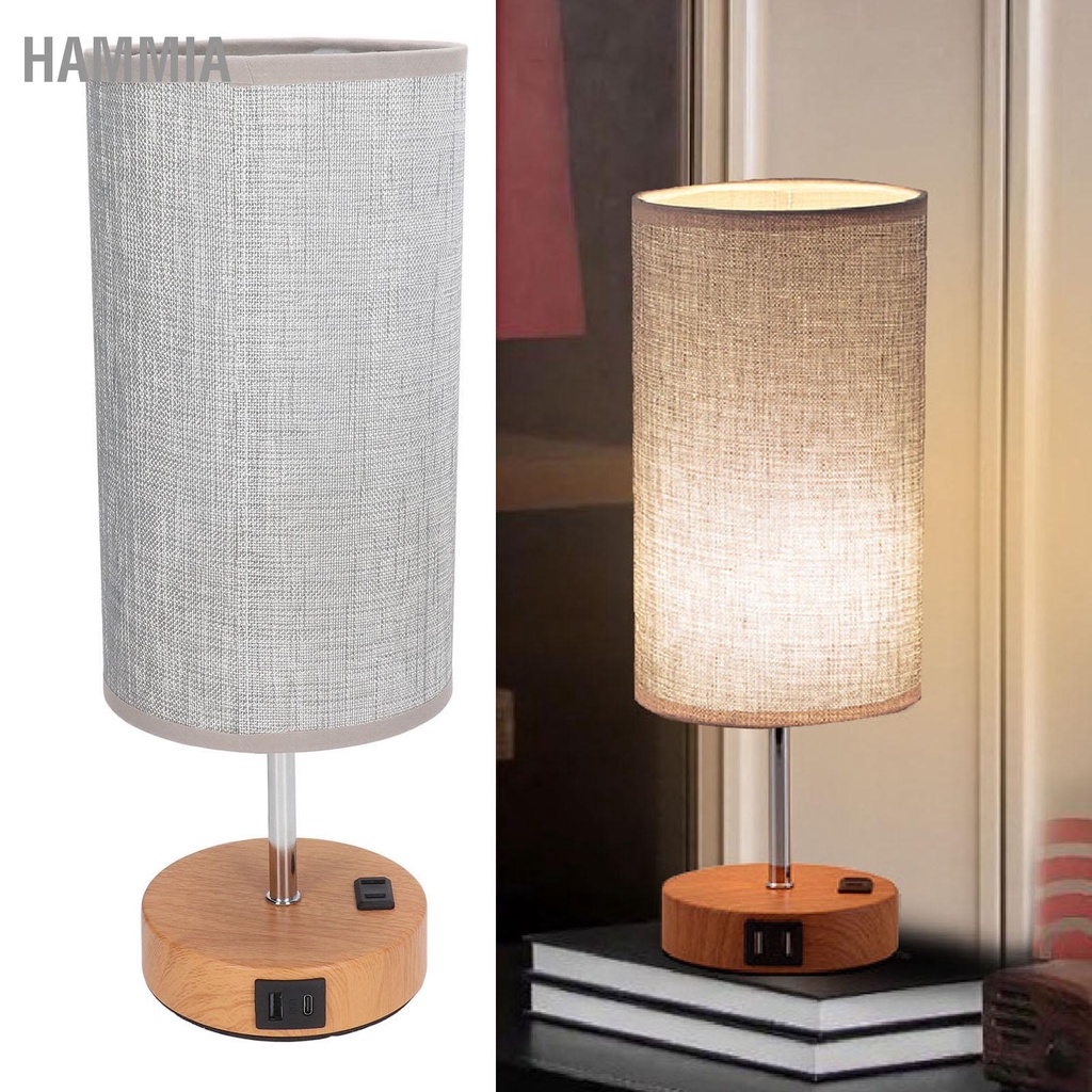 hammia-โคมไฟตั้งโต๊ะควบคุมแบบสัมผัสโลหะและผ้าชาร์จ-usb-สามเกียร์-led-โคมไฟโต๊ะข้างเตียงพร้อมฐานลายไม้สำหรับห้องนอนสำนักงานปลั๊กสหรัฐ