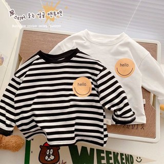 พร้อมส่ง เสื้อยืดแขนยาว ผ้าฝ้ายแท้ ลายการ์ตูนหน้ายิ้ม สไตล์เกาหลี ญี่ปุ่น เหมาะกับฤดูใบไม้ผลิ ฤดูใบไม้ร่วง สําหรับเด็กอนุบาล