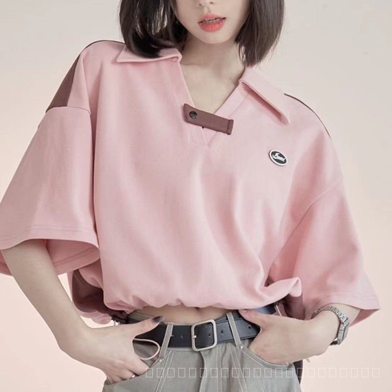 เสื้อยืดแขนสั้น-คอวี-สีคอนทราสต์-แฟชั่นฤดูร้อน-สไตล์เกาหลี-สําหรับผู้หญิง-2023