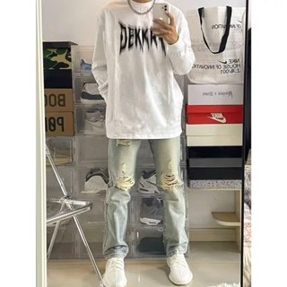เสื้อยืดคอกลม แขนยาว ผ้าฝ้ายแท้ ทรงหลวม สวมใส่สบาย เข้ากับทุกการแต่งกาย สําหรับผู้ชาย