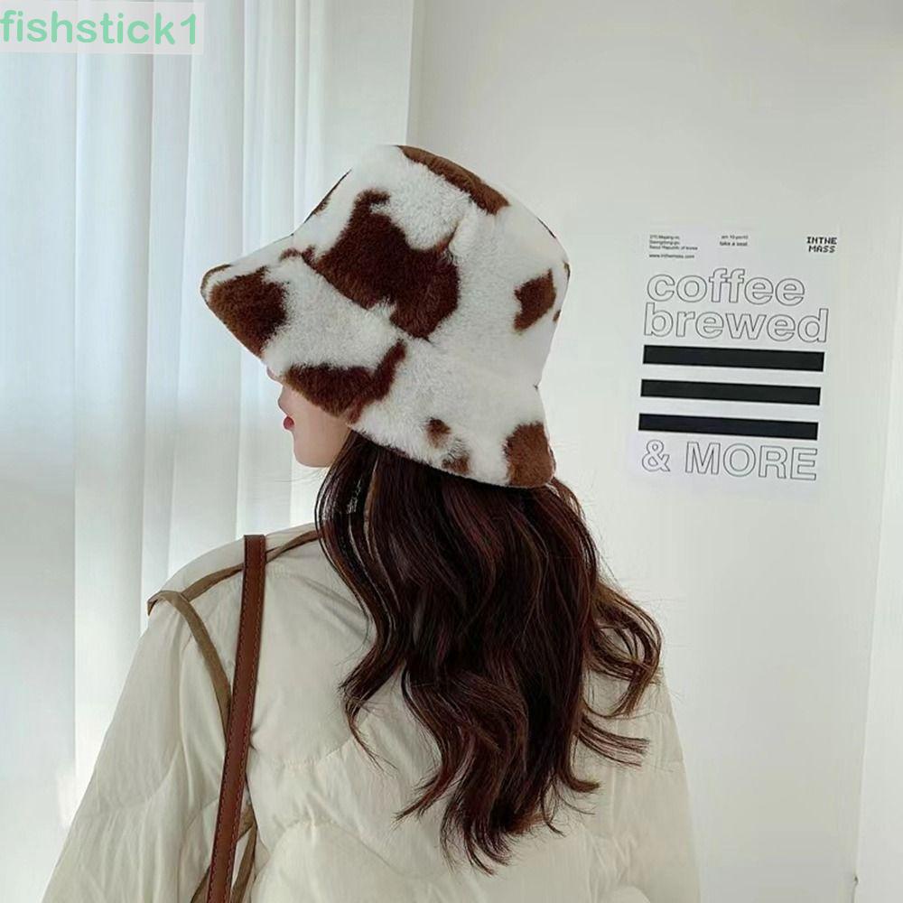fishstick1-หมวกบักเก็ต-ผ้าสักหลาด-พับได้-ลายวัว-ให้ความอบอุ่น-สไตล์ลําลอง-สําหรับผู้หญิง