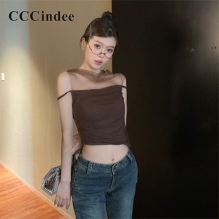 Cccindee ใหม่ เสื้อยืดแขนกุด คอไม่สม่ําเสมอ เข้ารูป สีพื้น แฟชั่นสําหรับผู้หญิง 2023