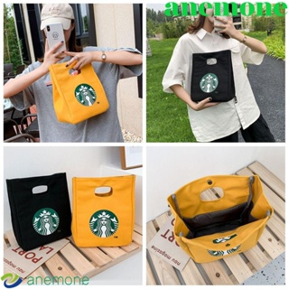 Anemone Starbucks กระเป๋าผ้าแคนวาส พิมพ์ลาย สไตล์เกาหลี สําหรับใส่กล่องอาหารกลางวัน แบบพกพา เดินทาง