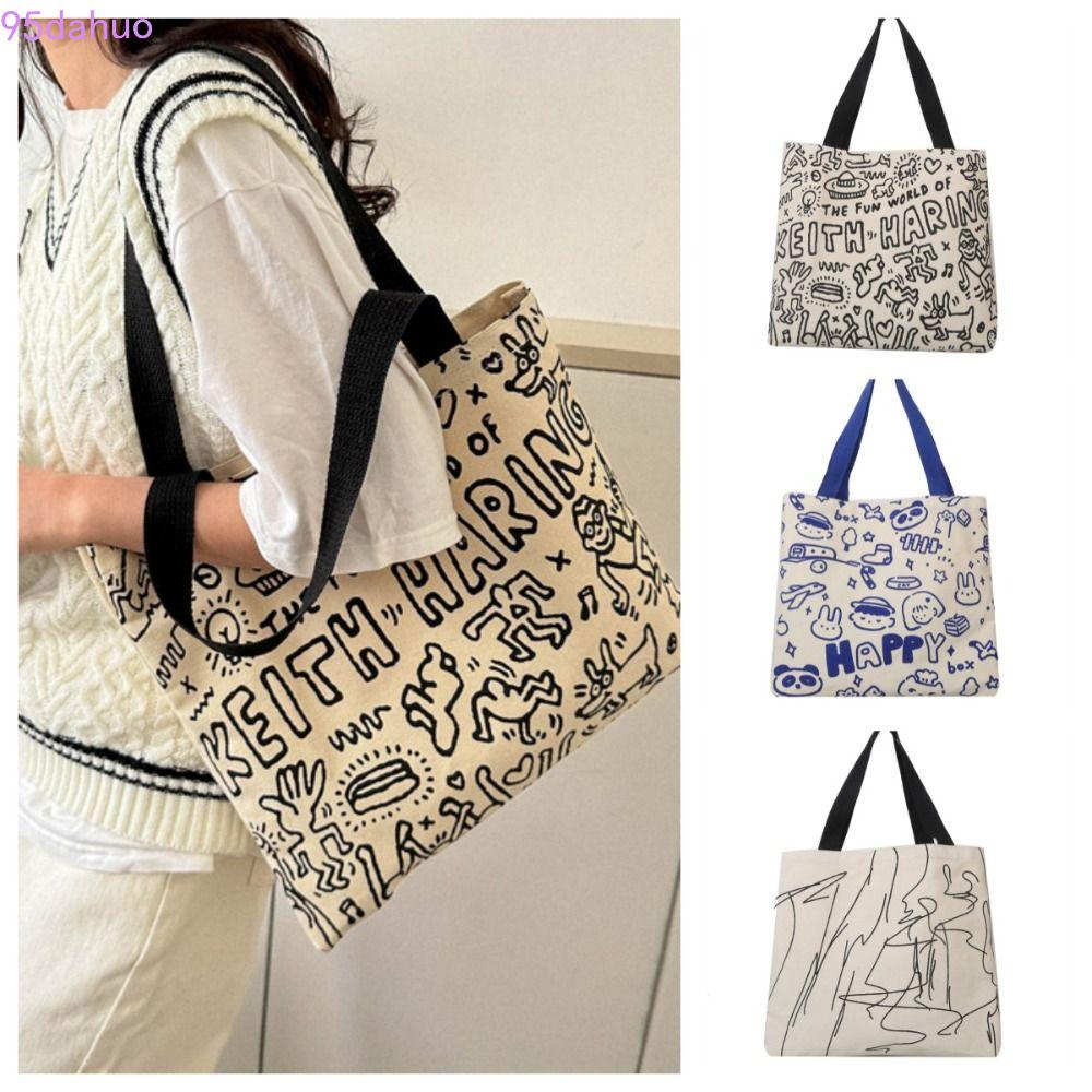 dahuo-กระเป๋าสะพายไหล่-กระเป๋าช้อปปิ้ง-ผ้าแคนวาส-พิมพ์ลายตัวอักษรกราฟฟิตี้-ความจุขนาดใหญ่-นํากลับมาใช้ใหม่ได้-สําหรับผู้หญิง