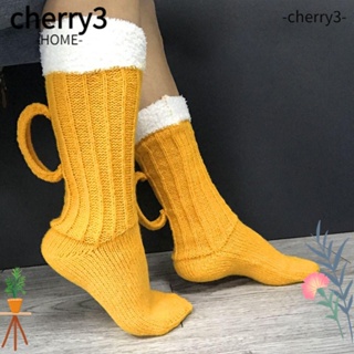 Cherry3 ถุงเท้าถัก แบบหนา สีเหลือง อบอุ่น เหมาะกับของขวัญคริสต์มาส ฤดูหนาว สําหรับผู้ชาย และผู้หญิง 1 คู่
