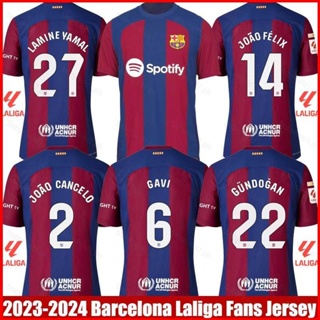เสื้อกีฬาแขนสั้น ลายทีม Barcelona Home Yamal Felix Gundogan Cancelo Kounde Gavi Jersey พลัสไซซ์ 2023-2024
