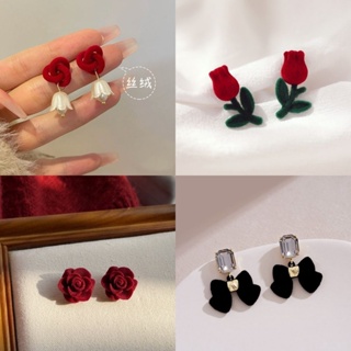 Flocking tulip earrings, red flower earrings, 2022 new s925 sterling silver needle earrings for autumn and winter