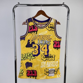 Mn เสื้อกีฬาบาสเก็ตบอล แขนกุด ลายทีม Lakers No.34ONeal สีเหลือง สไตล์วินเทจ สําหรับผู้ชาย