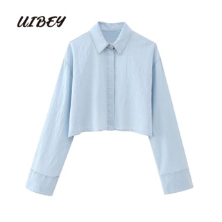 Uibey เสื้อเชิ้ตแฟชั่น คอปก มีปกด้านหลัง ซ้อนทับกัน 3978