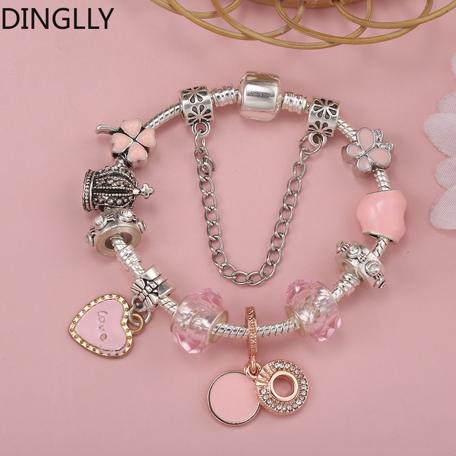 dinglly-สร้อยข้อมือ-ลูกปัดเงิน-รูปมงกุฎหัวใจ-ใบโคลเวอร์สี่แฉก-สีชมพู-สําหรับผู้หญิง