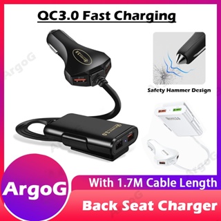 ArgoG 4 ใน 1 QC 3.0 ชาร์จรถยนต์ 60W ชาร์จเร็ว ชาร์จรถยนต์ USB 1.7เมตร สายต่อสายขยายสำหรับการชาร์จที่ที่นั่งหน้า/หลัง