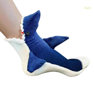 ถุงเท้าถักโครเชต์ ปากกว้าง ลายฉลาม 3D สีเข้ม