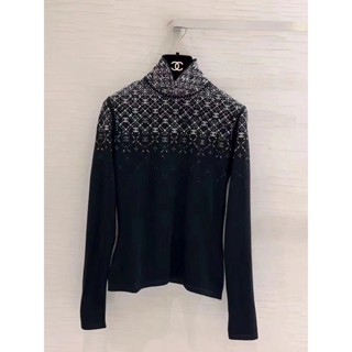 Chanel22n coco neige เสื้อกันหนาว คอสูง ประดับพลอยเทียม สองสี ไซซ์ 36-40