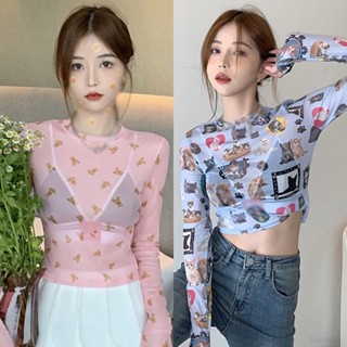 เสื้อยืดแขนยาว คอกลม ผ้าตาข่าย พิมพ์ลายการ์ตูน กันแดด ลําลอง แบบเข้ารูป เหมาะกับฤดูร้อน สําหรับผู้หญิง