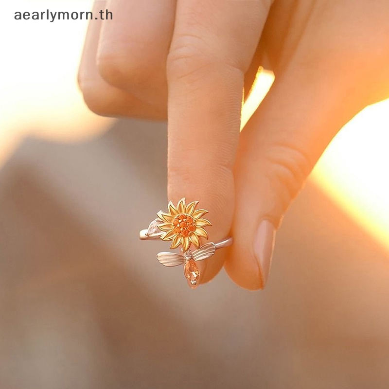 aa-แหวนทองแดง-รูปดอกทานตะวัน-ผึ้ง-เพทาย-ปรับได้-คลายเครียด-เครื่องประดับแฟชั่น-สําหรับผู้หญิง
