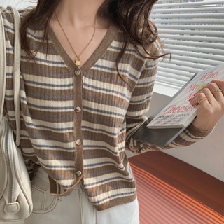 เสื้อแจ็กเก็ตกันหนาว แขนยาว คอวี ผ้าถัก ลายทาง สีตัดกัน เข้ากับทุกการแต่งกาย สไตล์เกาหลี ฤดูใบไม้ร่วง U0LG