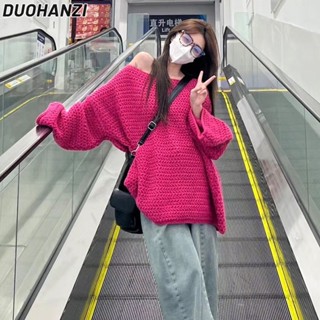 Duohanzi เสื้อกันหนาว ผ้าถัก ทรงหลวม สีชมพูราสเบอร์รี่ สําหรับผู้หญิง