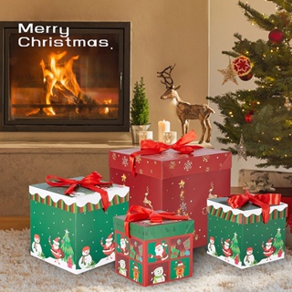 Christmas_ กล่องของขวัญคริสต์มาส แบบพับได้ ลายสโนว์แมน ประดับโบว์ สีสดใส 3 ชิ้น