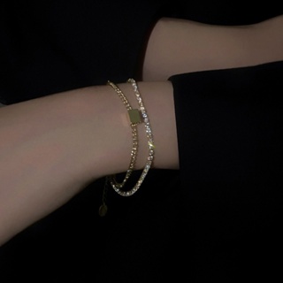 Hot Sale# real gold plated square zircon Bracelet advanced bracelet 2023 new Japanese and Korean elegant double-layer stacked bracelet 8cc