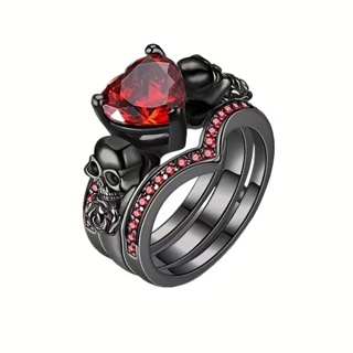 ชุดเครื่องประดับ แหวนหมั้น รูปกะโหลก ดอกกุหลาบ ประดับเพทายคริสตัล สีแดง สีม่วง เหมาะกับของขวัญวันฮาโลวีน จํานวน 2 ชิ้น ต่อชุด
