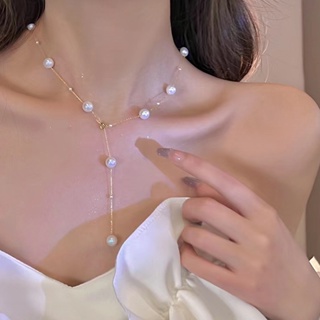 Full of stars ~ French sexy Y-character tassel pearl necklace temperament short necklace design feeling clavicle female gentleness