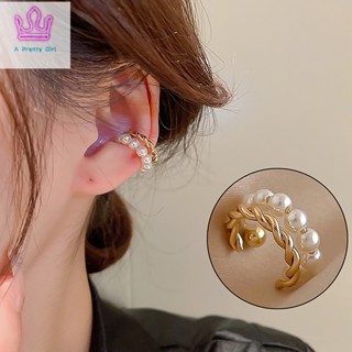 เครื่องประดับ ต่างหู ทรงกลม ประดับไข่มุกปลอม สองชั้น สีทอง สไตล์เกาหลี วินเทจ 1 คู่