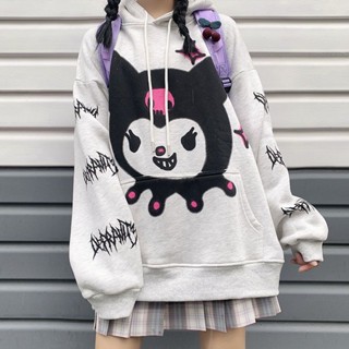 Kuromi  เสื้อกันหนาว มีฮู้ด ผ้าฟลีซ แบบหนา ทรงหลวม เข้ากับทุกการแต่งกาย แฟชั่นฤดูใบไม้ร่วง และฤดูหนาว สําหรับผู้หญิง และนักเรียน 2023