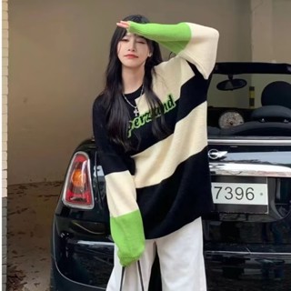 เสื้อกันหนาว ผ้าวูลถัก ทรงหลวม บล็อกสี แฟชั่นฤดูใบไม้ร่วง และฤดูหนาว สําหรับผู้หญิง
