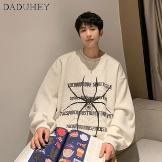 DaDuHey🔥 Mens American Style Fashion Brand Thin and All-Matching round Neck Sweater Fashion Loose Spider Print Long Sleeve Top