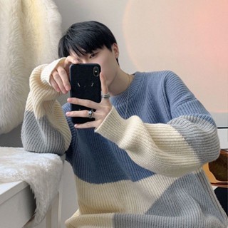 เสื้อกันหนาว คอกลม สีคอนทราสต์ สไตล์ฮ่องกง สําหรับผู้ชาย