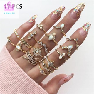 ชุดเครื่องประดับ แหวนนิ้วมือ ประดับเพชร พลอยเทียม สีทอง สไตล์วินเทจ เหมาะกับของขวัญปาร์ตี้ สําหรับผู้หญิง จํานวน 17 ชิ้น