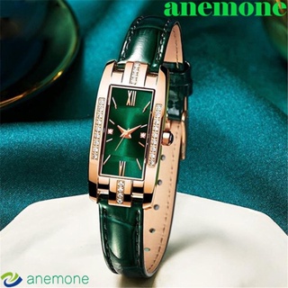 Anemone นาฬิกาข้อมือ สายหนัง PU ประดับเพทาย สีเขียว หรูหรา เครื่องประดับ สําหรับผู้หญิง