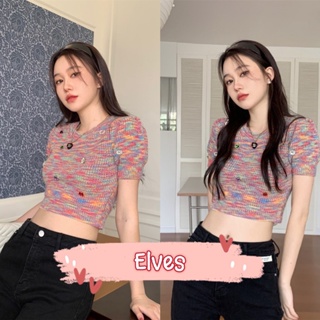 Elves✨พร้อมส่ง✨ เสื้อไหมพรมแขนสั้น คอกลมสีรุ้ง ~83191~ -C