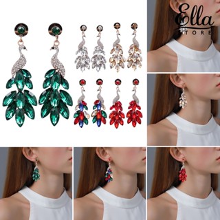 Ellastore123 ต่างหูคริสตัล พลอยเทียม รูปขนนกยูง สีเขียว หรูหรา 1 คู่