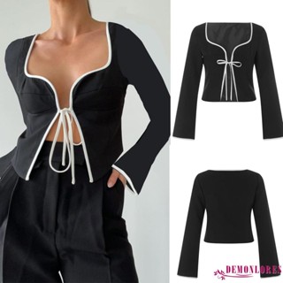 Demonlorest- เสื้อยืดแขนยาว ผูกเชือก สีดํา ฤดูใบไม้ร่วง สําหรับผู้หญิง
