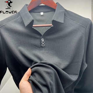 Spot high-quality] square-collar long-sleeved POLO shirt elastic V-collar Paul shirt middle-aged father wearing western style collision color 320g thick button blouse