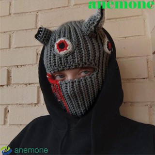 Anemone หมวกไหมพรมถัก หูกระต่าย ฮาโลวีน แตรปีศาจ หมวกบีนนี่ หน้ากากน่ารัก หน้ากากอบอุ่น กันลม หมวกสกี ปาร์ตี้