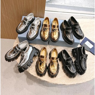 [Top Version] Prad * Prad * Up to 2023 รองเท้าโลฟเฟอร์หนัง หัวกลม พื้นหนา ขนาดเล็ก เข้ากับทุกการแต่งกาย แฟชั่นฤดูใบไม้ผลิ และฤดูร้อน รองเท้าผ้าใบ ลําลอง สําหรับสตรี