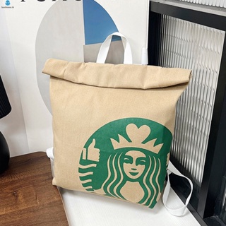 กระเป๋าเป้สะพายหลัง กระเป๋านักเรียน ผ้าแคนวาส ลาย Starbucks พร้อมสแน็ปโลหะ สําหรับผู้หญิง